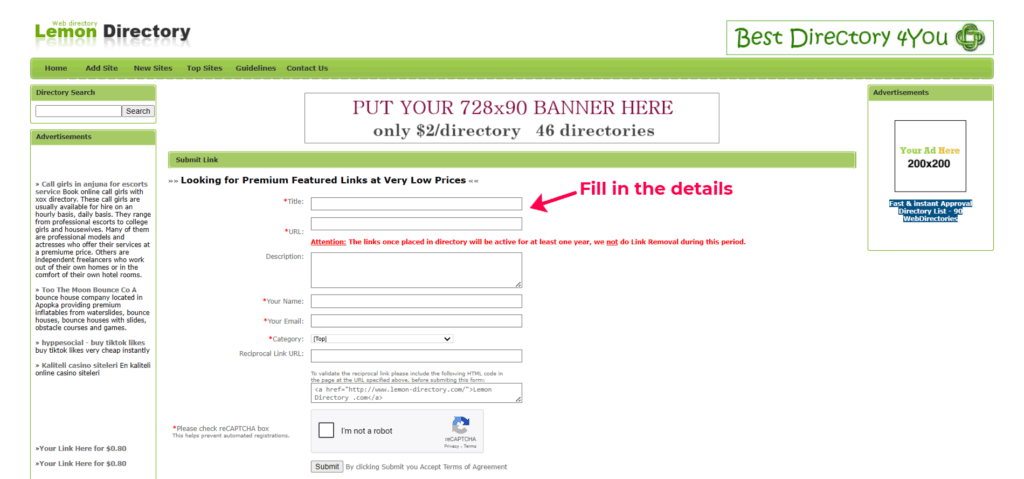 Step 2: fill in your website details on lemon-directory.com to gain free DR 49 backlink, AI Keyword Research, Backlink Directory, Auto‑publish Blog Article, Steal Competitor Keywords, Longtail Keyword Research, Guest Post Finder, Abun, Abun AI SEO, Seo tool, Free high quality backlinks, Ai content writer, AI SEO tool, ai blog writer, Startup submissions, Startup launch directories, seo content writing, Seo content creation, seo article writing, backlink building, How to Get High-Quality Backlinks for Free